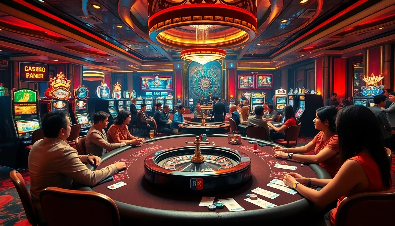 Engaging kp88 bet players at a lively casino table with professional dealers and vibrant slot machines.