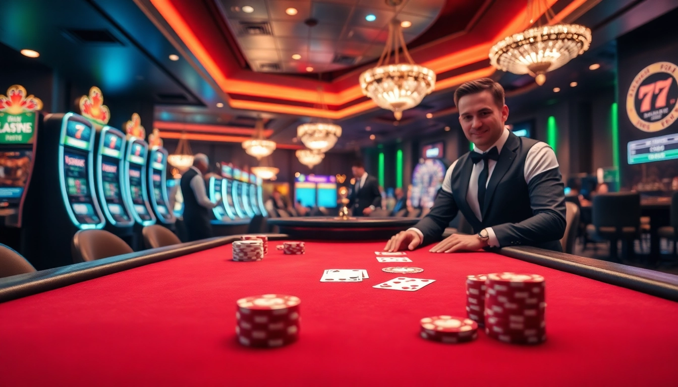 Experience the thrill of 7m casino games with a vibrant poker table and gleaming slot machines.