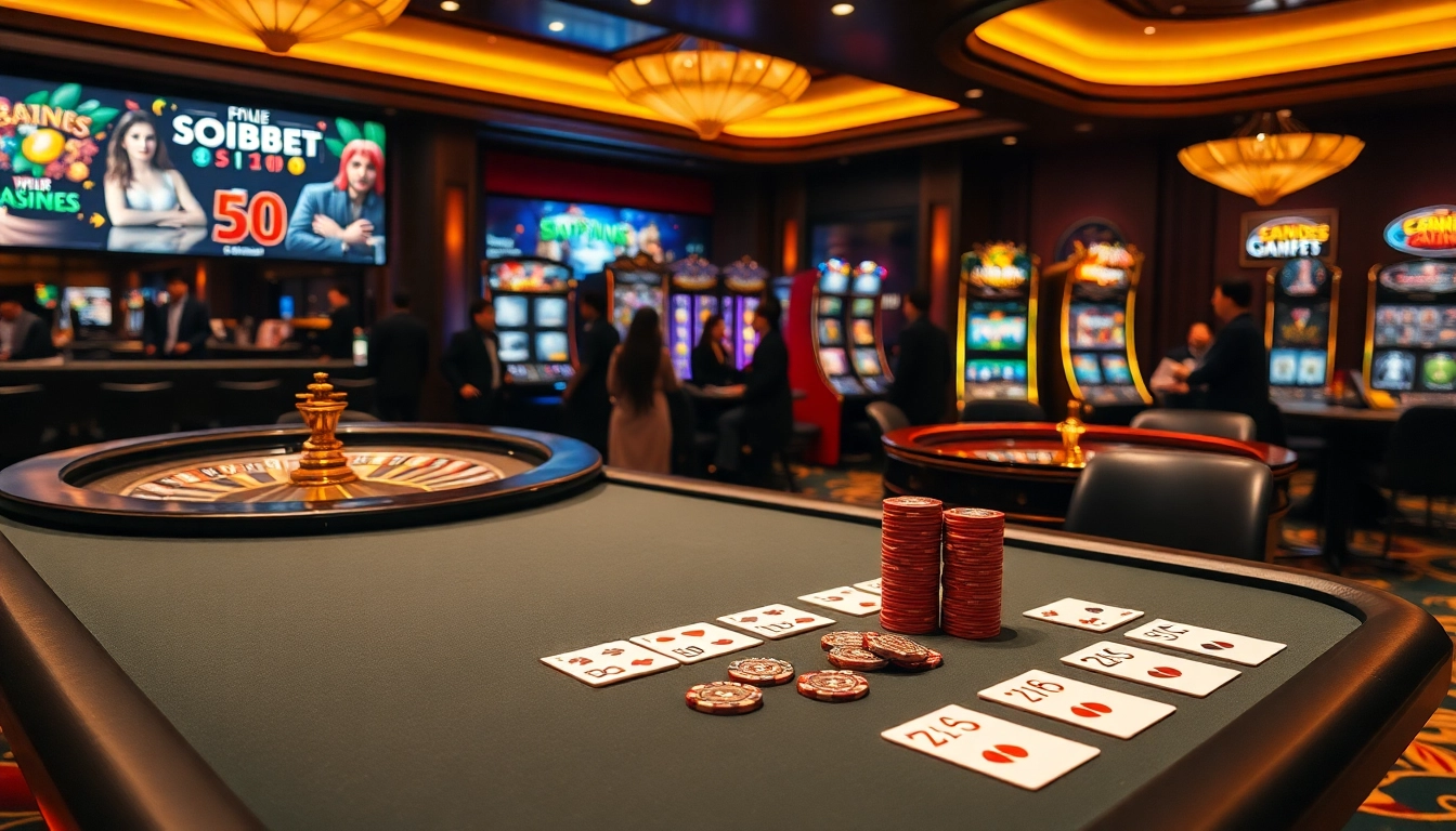 Exciting action at the เว็บตรง soibet casino featuring a vibrant poker table and slot machines.