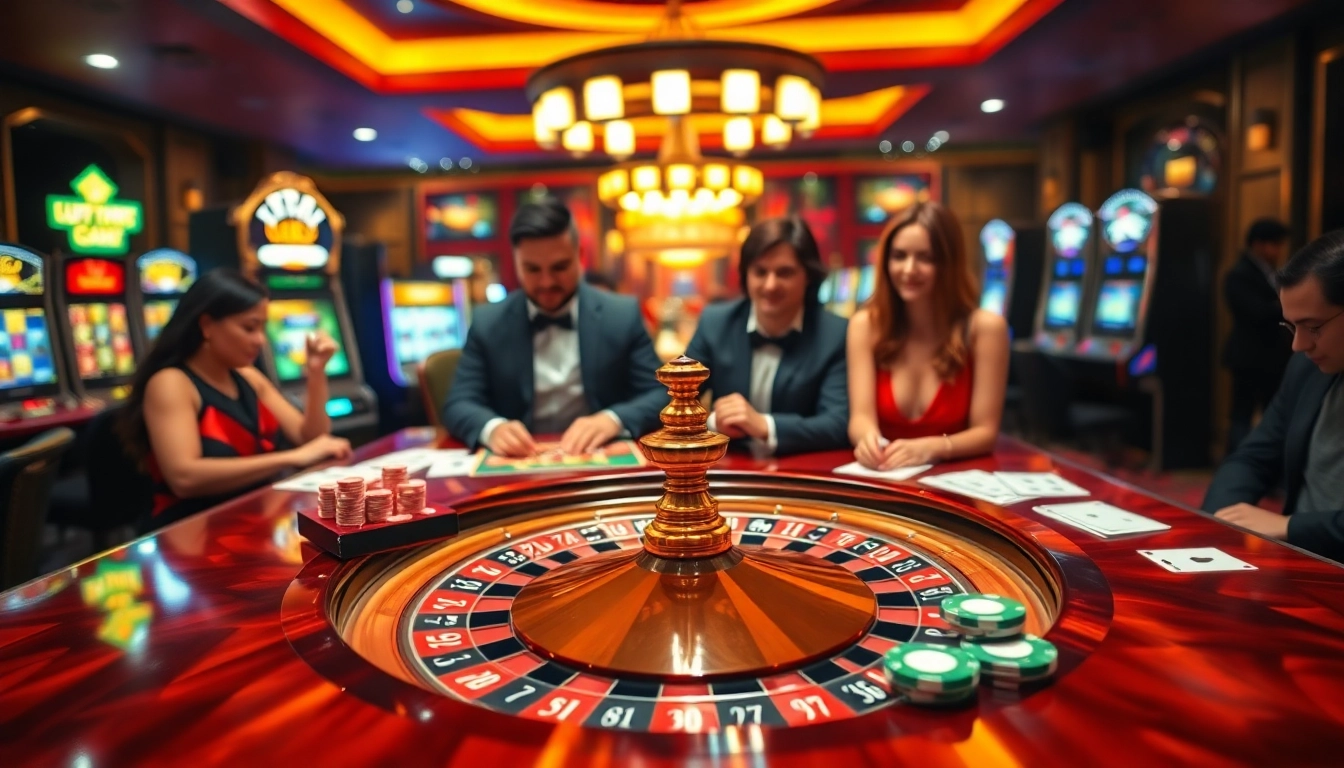 Experience the excitement of online gambling at https://www.superslot365.net/ with a luxurious casino scene featuring roulette and poker.
