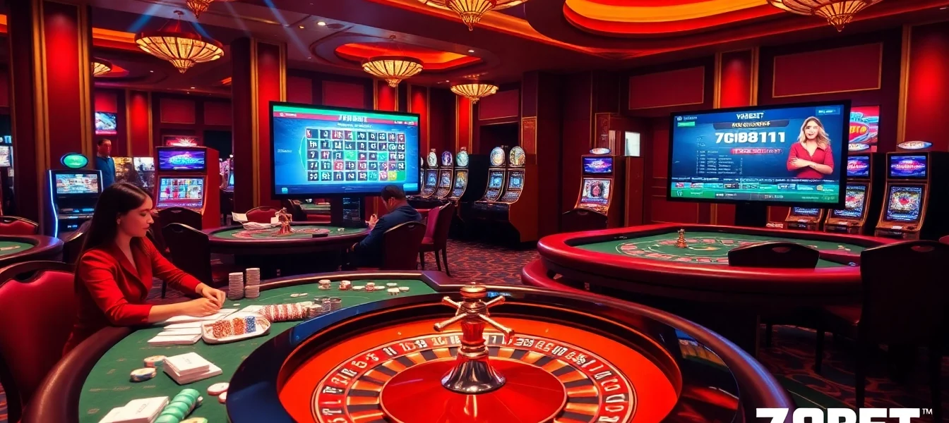 Experience the thrill of 789BET at a luxurious casino with poker tables and vibrant gameplay.