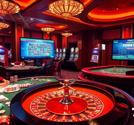 Experience the thrill of 789BET at a luxurious casino with poker tables and vibrant gameplay.