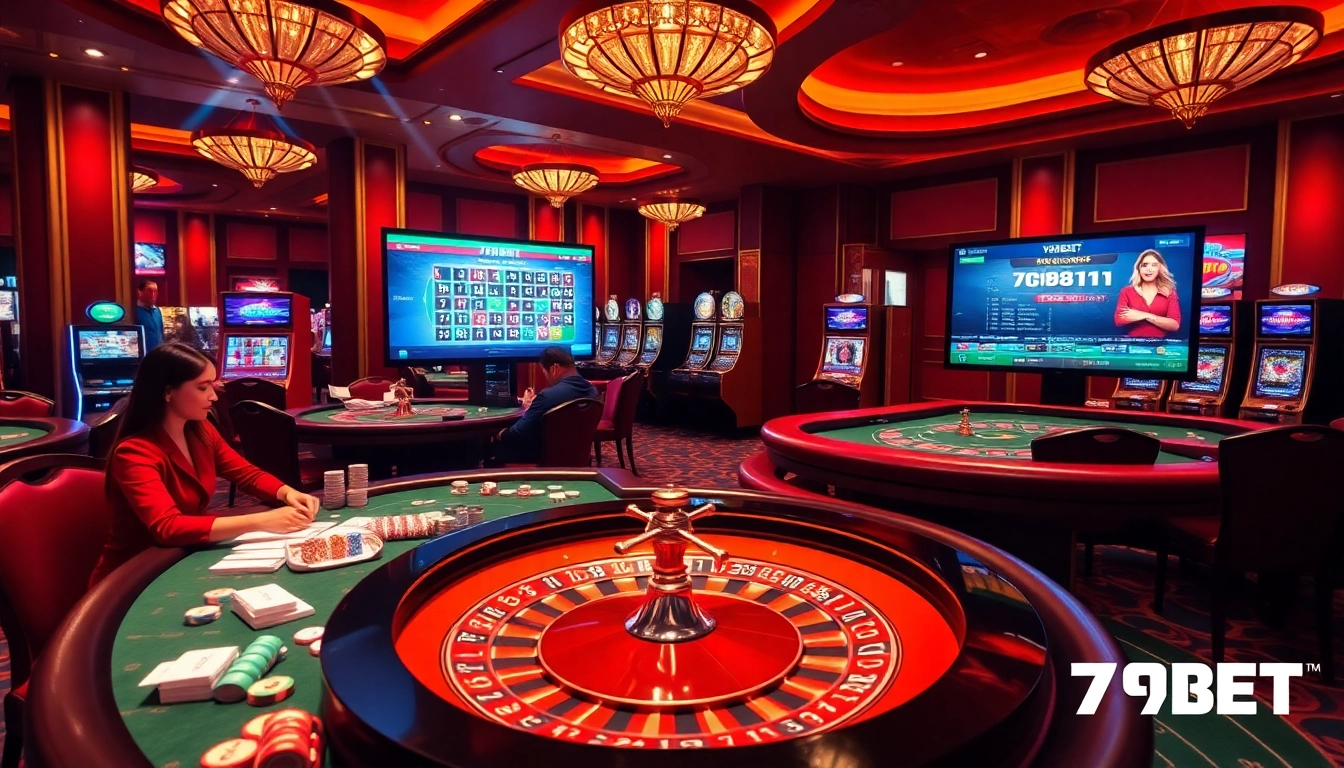 Experience the thrill of 789BET at a luxurious casino with poker tables and vibrant gameplay.