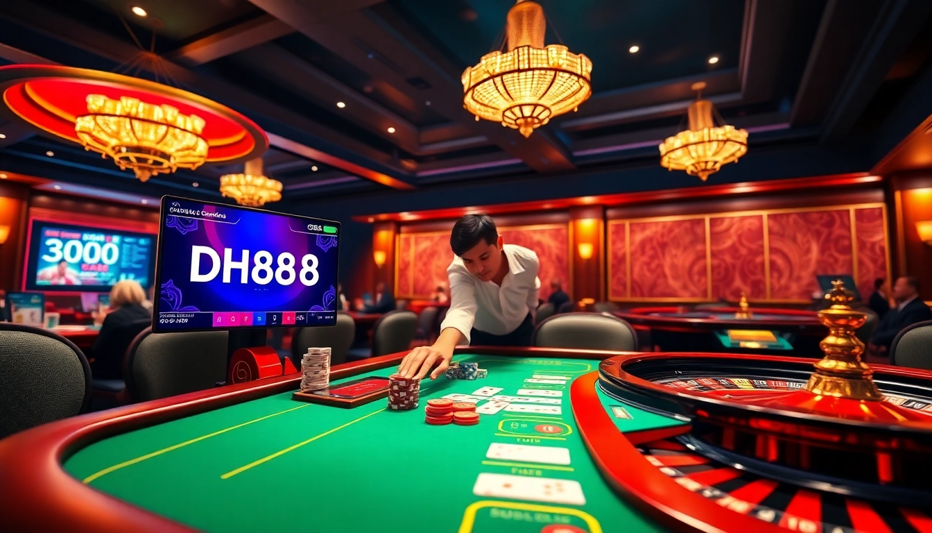 Experience high-stakes gambling with DH888 at a luxurious casino table with professional dealers.