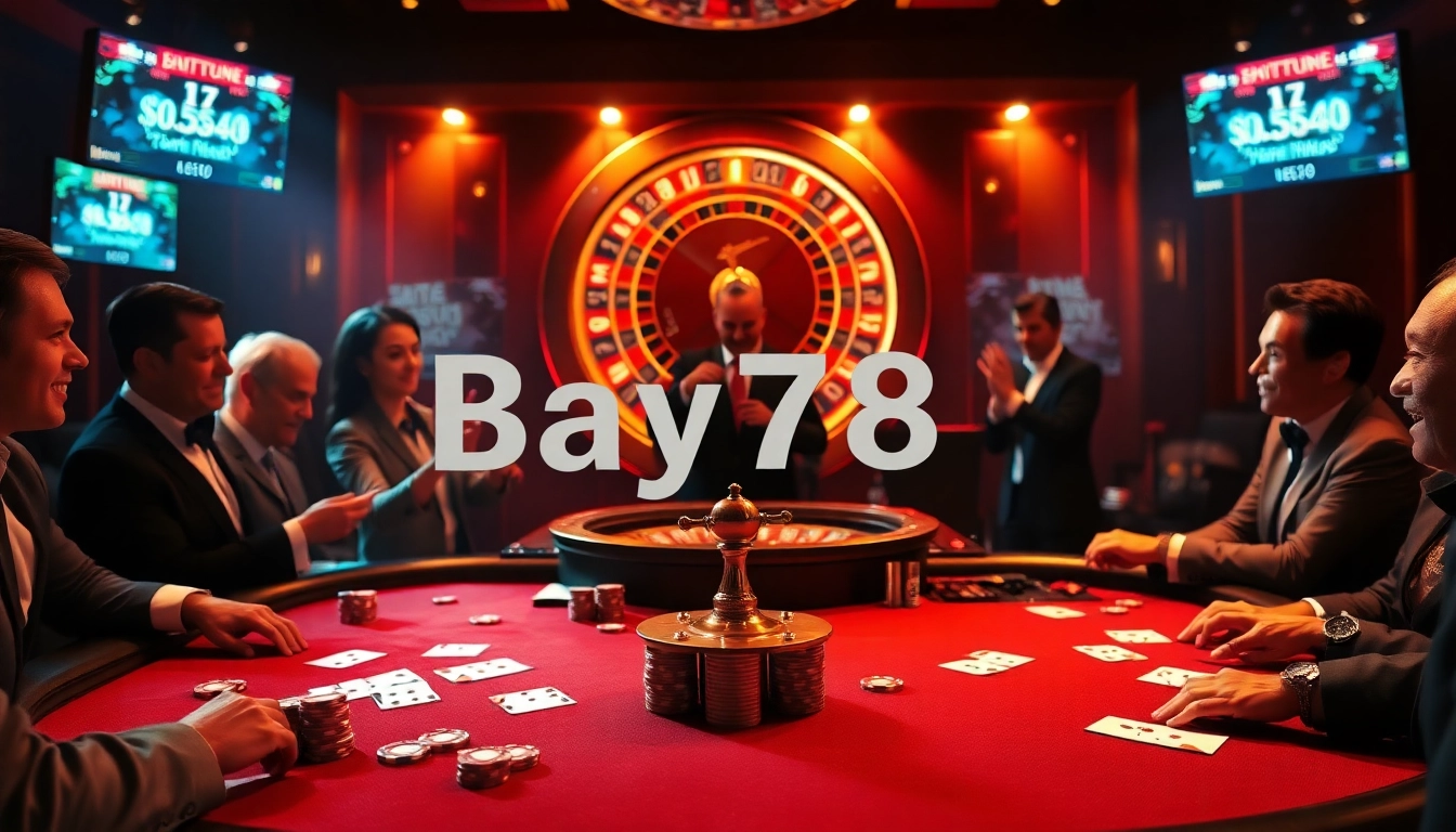 Players enjoying high-stakes poker at Bay789 casino, surrounded by vibrant chips and cards.