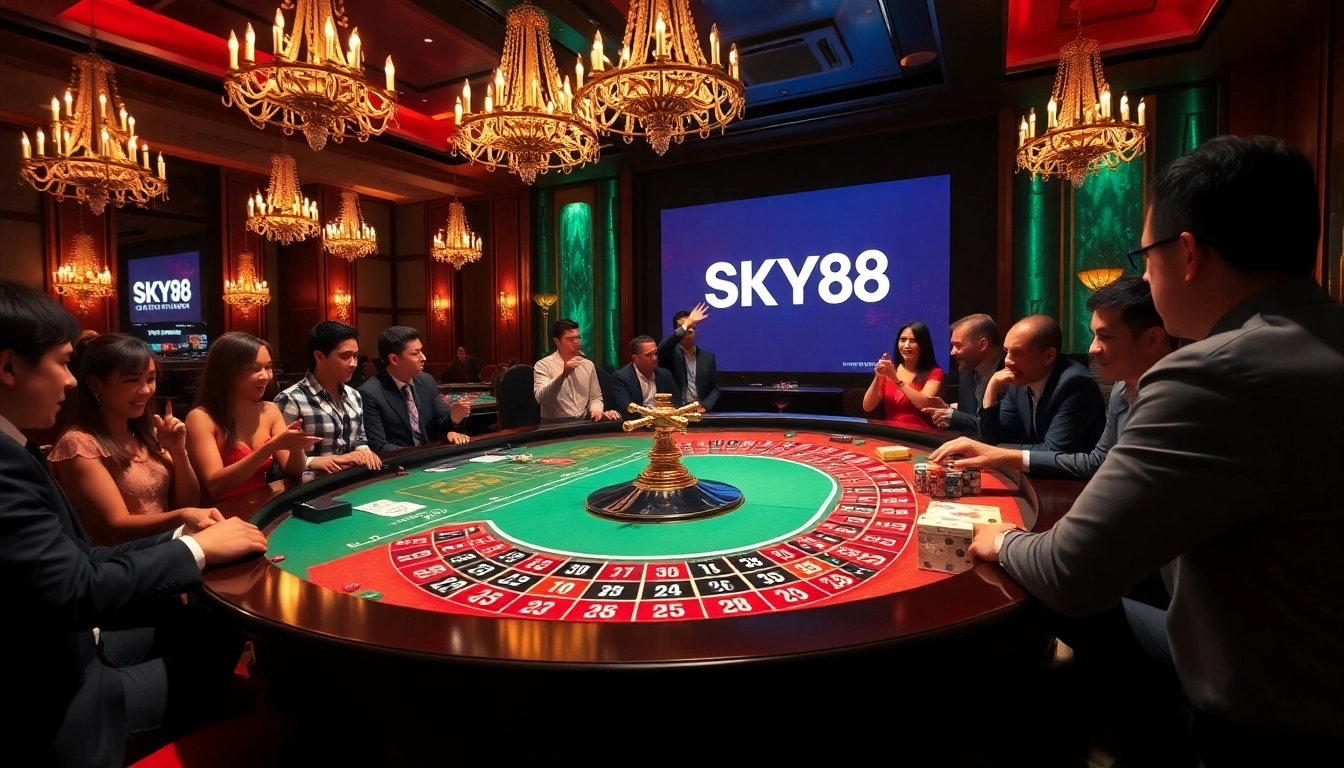 Exciting casino scene showcasing SKY88 with roulette, poker chips, and vibrant decor.