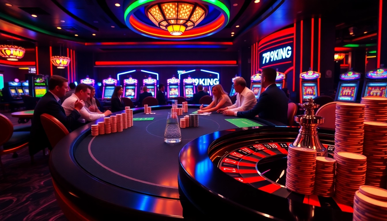 Engage with 79KING at a luxurious casino table surrounded by poker chips and excitement.