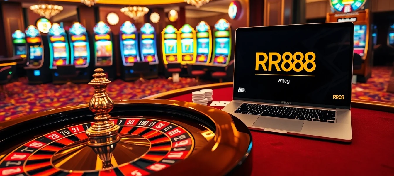 Experience the thrill of winning at RR88 with vibrant casino tables, poker chips, and exciting games.