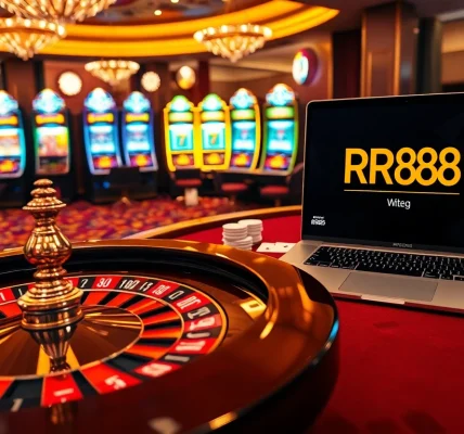 Experience the thrill of winning at RR88 with vibrant casino tables, poker chips, and exciting games.
