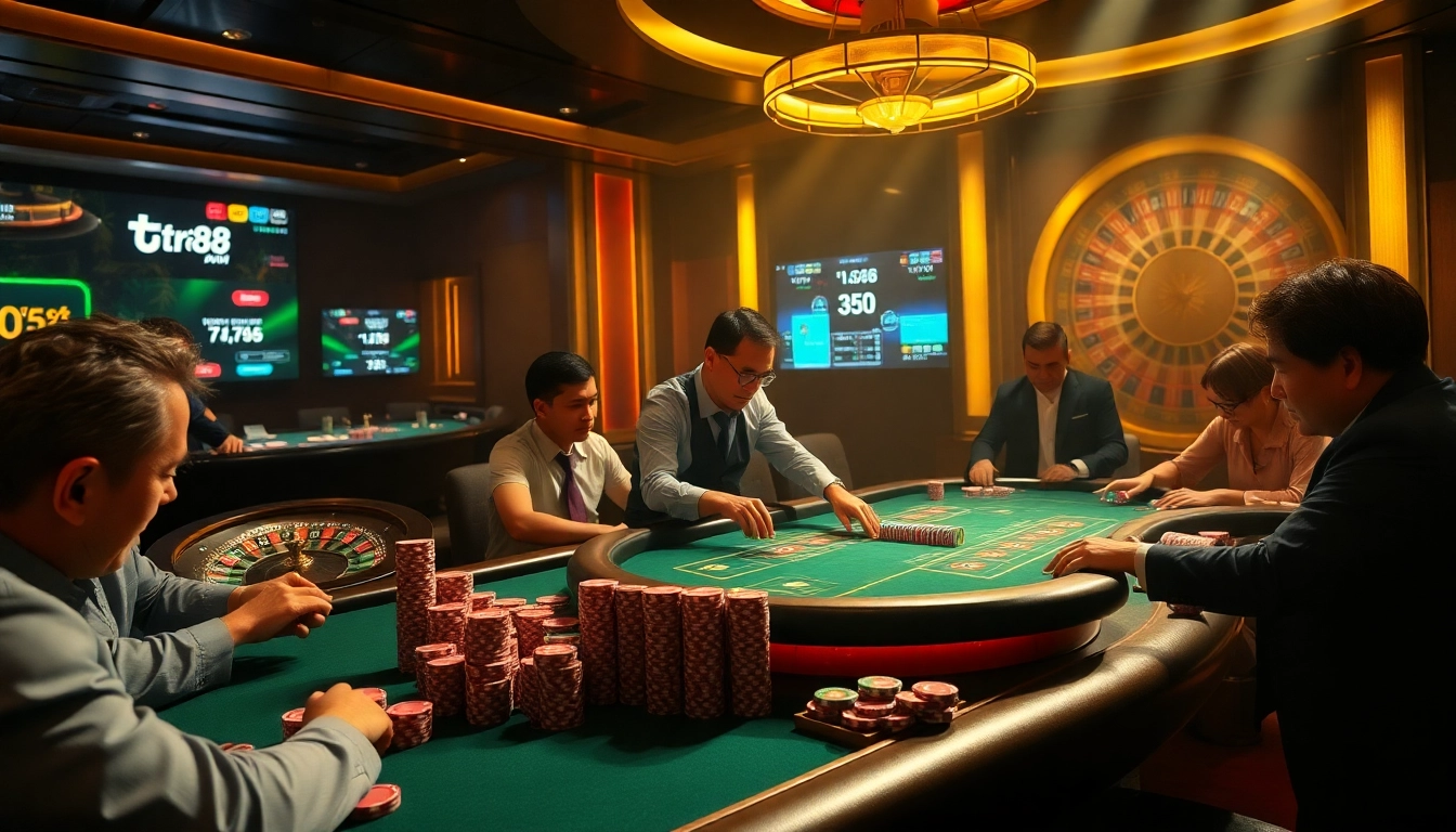 Players experiencing excitement at a high-stakes casino table during a game at tr88.