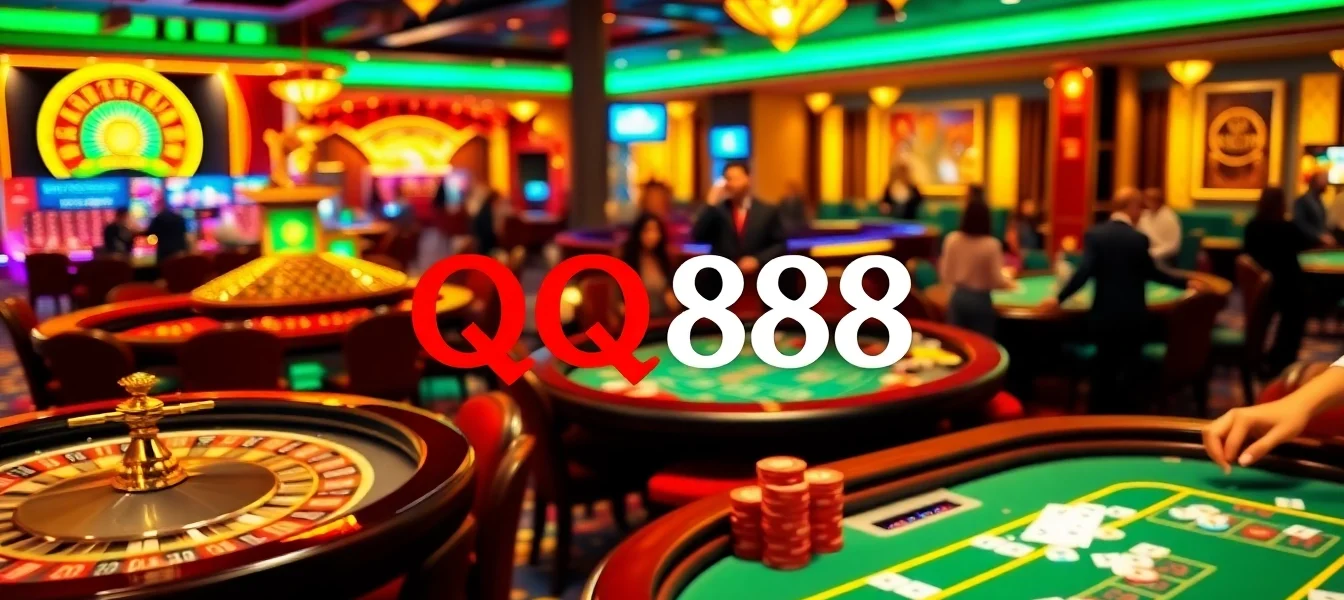 Excited gamblers enjoying a luxurious QQ88 casino experience with vibrant tables and games.