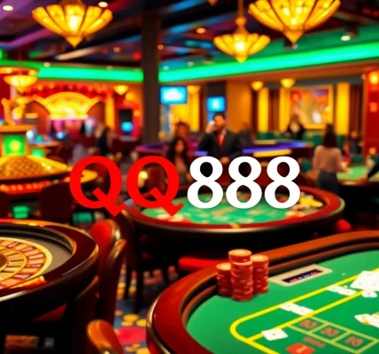 Excited gamblers enjoying a luxurious QQ88 casino experience with vibrant tables and games.