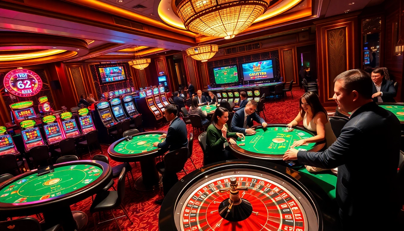 Exciting TR88 gambling scene showcasing poker, roulette, and slot machines in a vibrant casino.