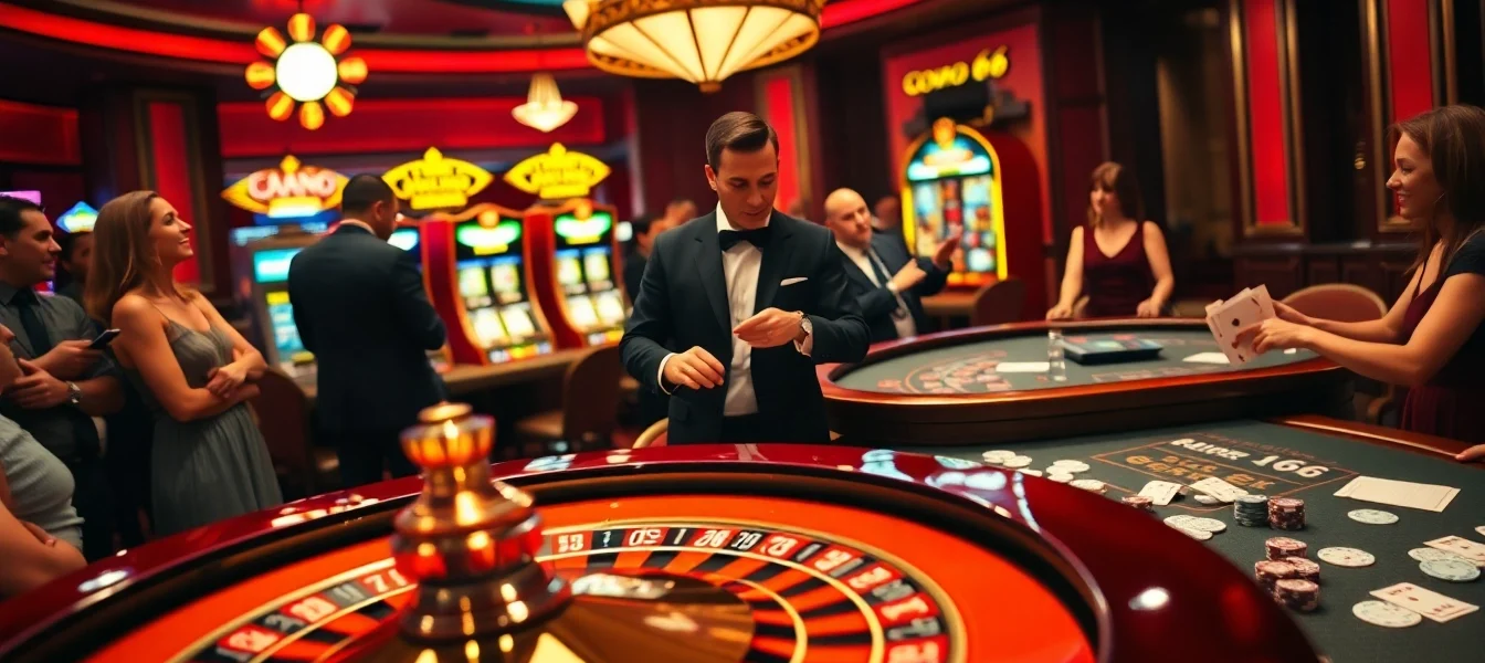 Experience the excitement of SODO 66 with vibrant casino visuals featuring roulette wheels and slot machines.