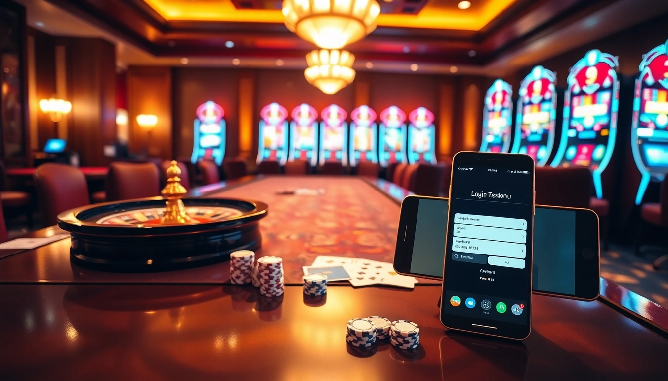 Sbobet login terbaru on a mobile interface surrounded by vibrant casino elements, evoking excitement.