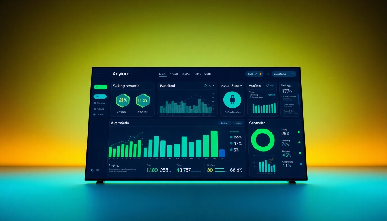Anyone Dashboard interface showcasing staking rewards and community metrics in a vibrant, modern design.