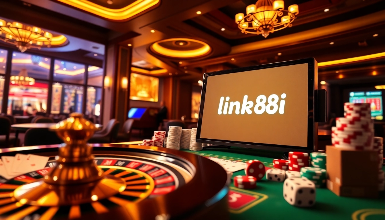 Engaging players with the link 88i interface in a luxurious casino scene featuring roulette and poker chips.