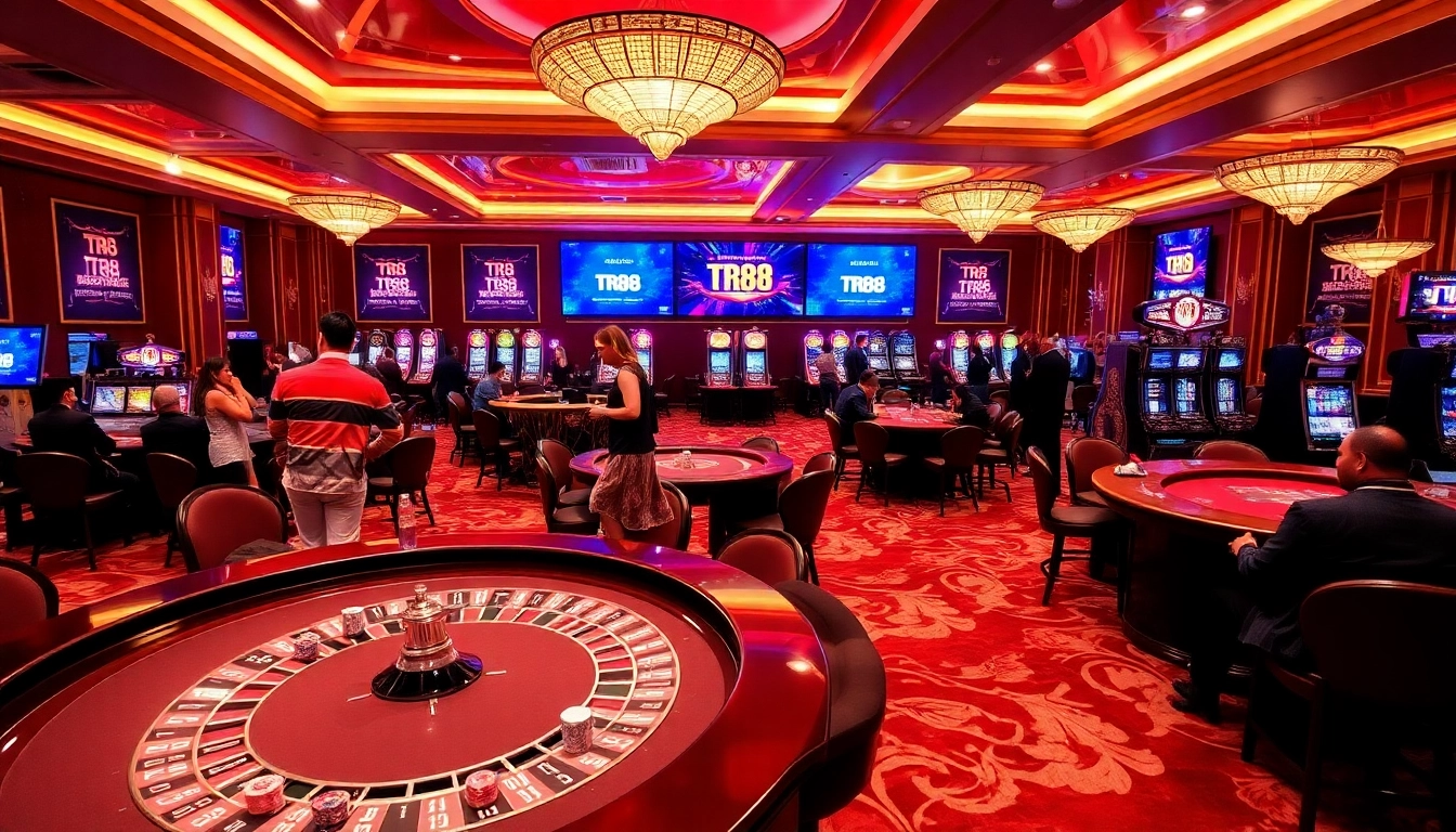 Experience the excitement of TR88 as players engage at casino tables with vibrant decorations.