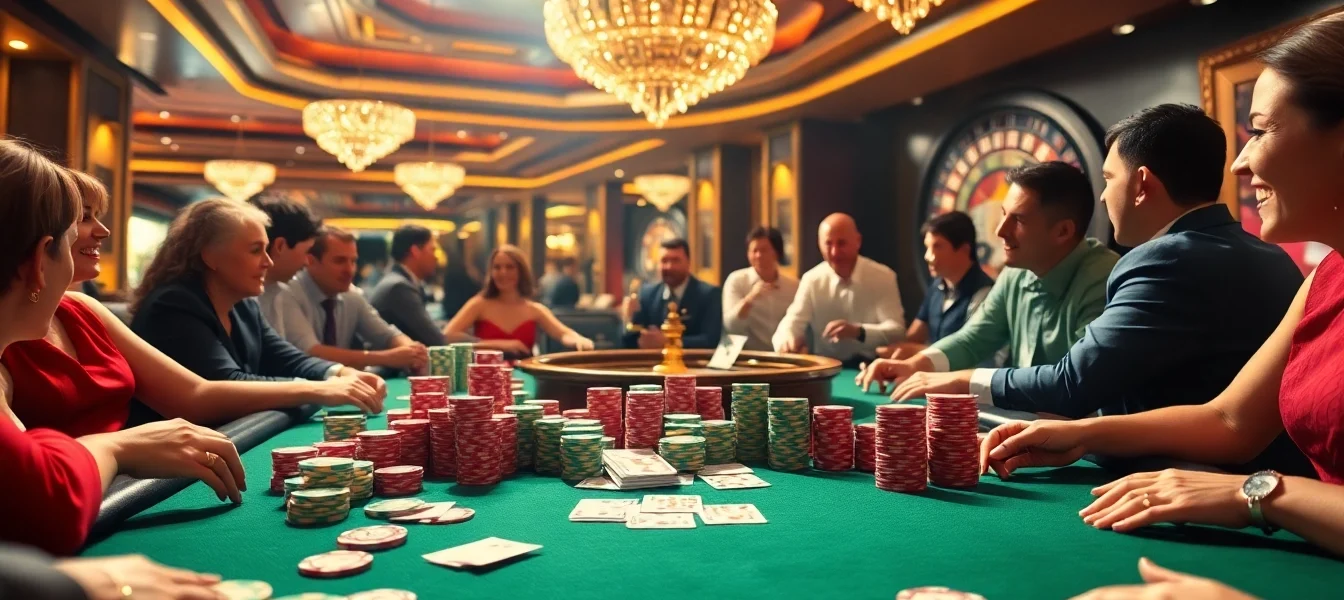 Players engaging in an exciting poker game at fun79 casino, showcasing chips and cards.