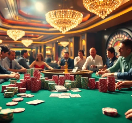 Players engaging in an exciting poker game at fun79 casino, showcasing chips and cards.
