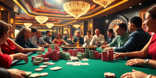 Players engaging in an exciting poker game at fun79 casino, showcasing chips and cards.