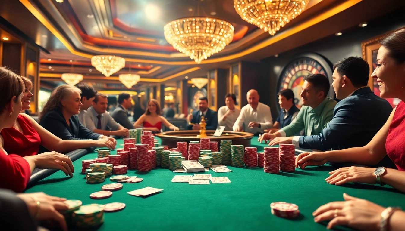 Players engaging in an exciting poker game at fun79 casino, showcasing chips and cards.