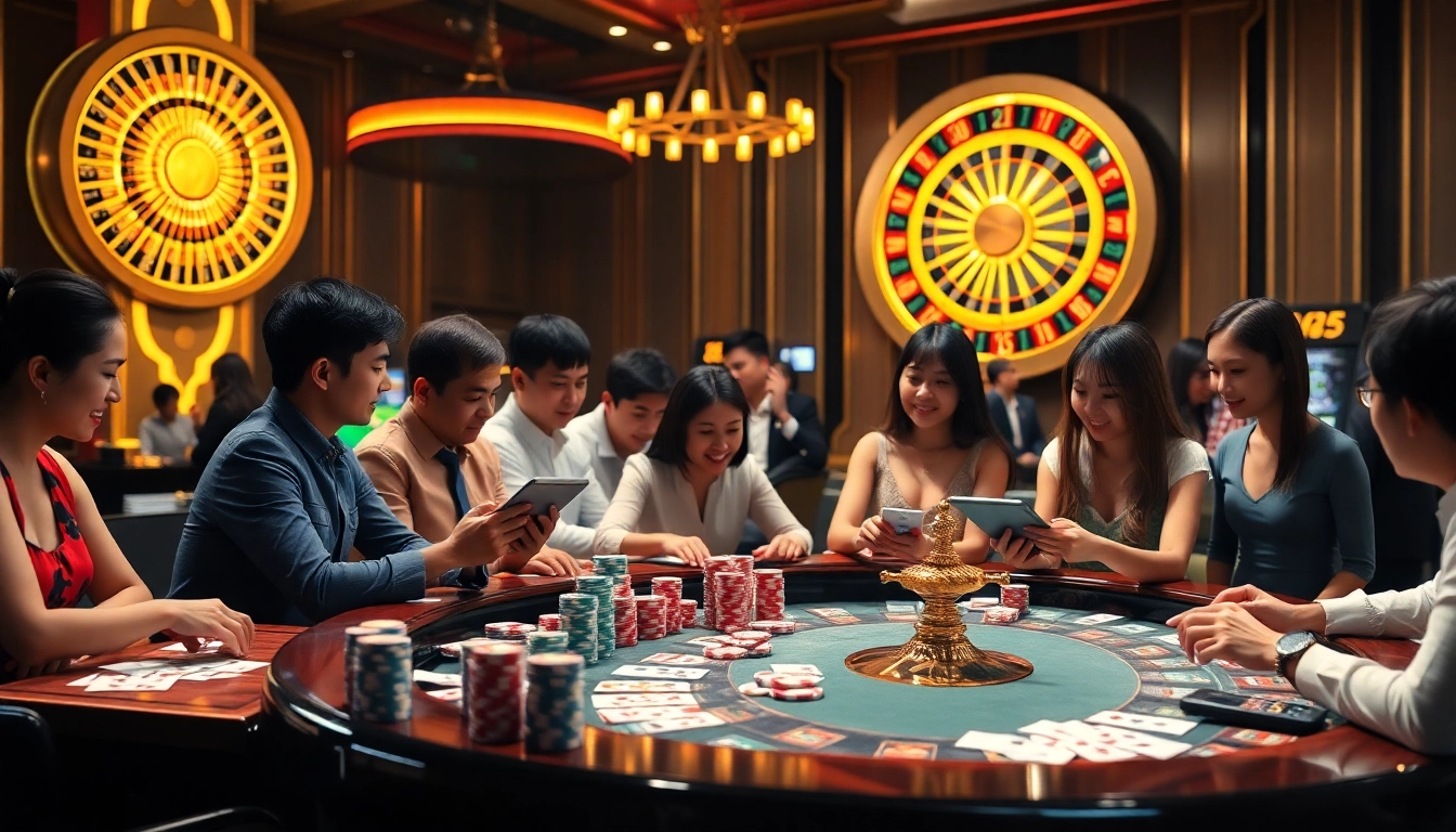 IWIN68 players engaging in lively casino games with poker chips and roulette wheel.