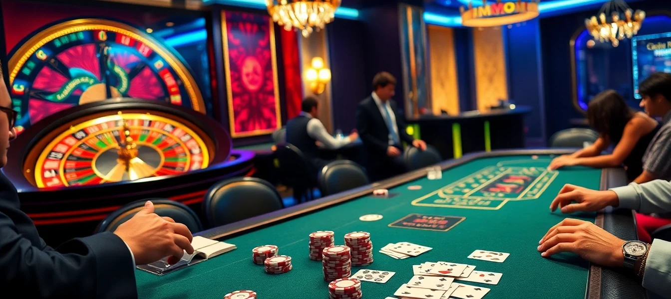 Experience luxury gaming as players enjoy tải MMOO with poker chips and dynamic gameplay at a casino table.