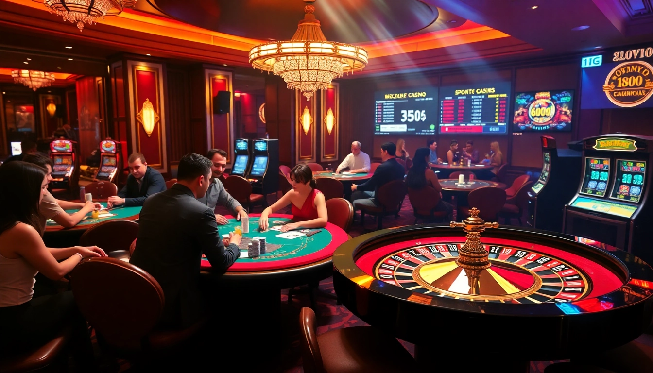 Exciting gambling scene at 888NEW casino with players at tables and vivid slot machines.