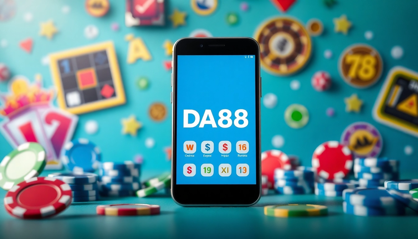 Tải App Da88 interface displayed on a smartphone, surrounded by vibrant gaming graphics.