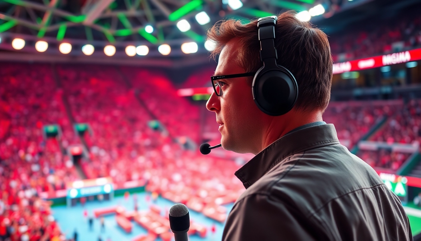 Engaging Sports Broadcasting experience with a professional broadcaster amidst a lively stadium backdrop.