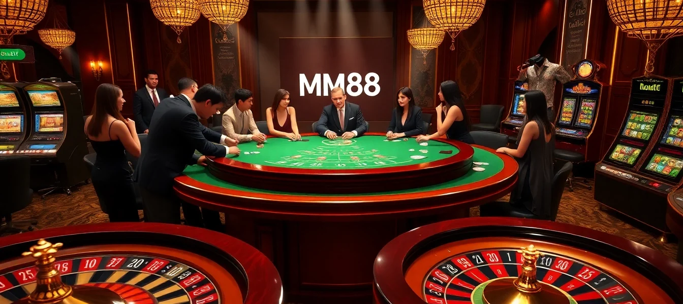 Players experience the thrill of high-stakes poker at MM88's luxurious casino tables.
