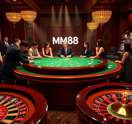 Players experience the thrill of high-stakes poker at MM88's luxurious casino tables.