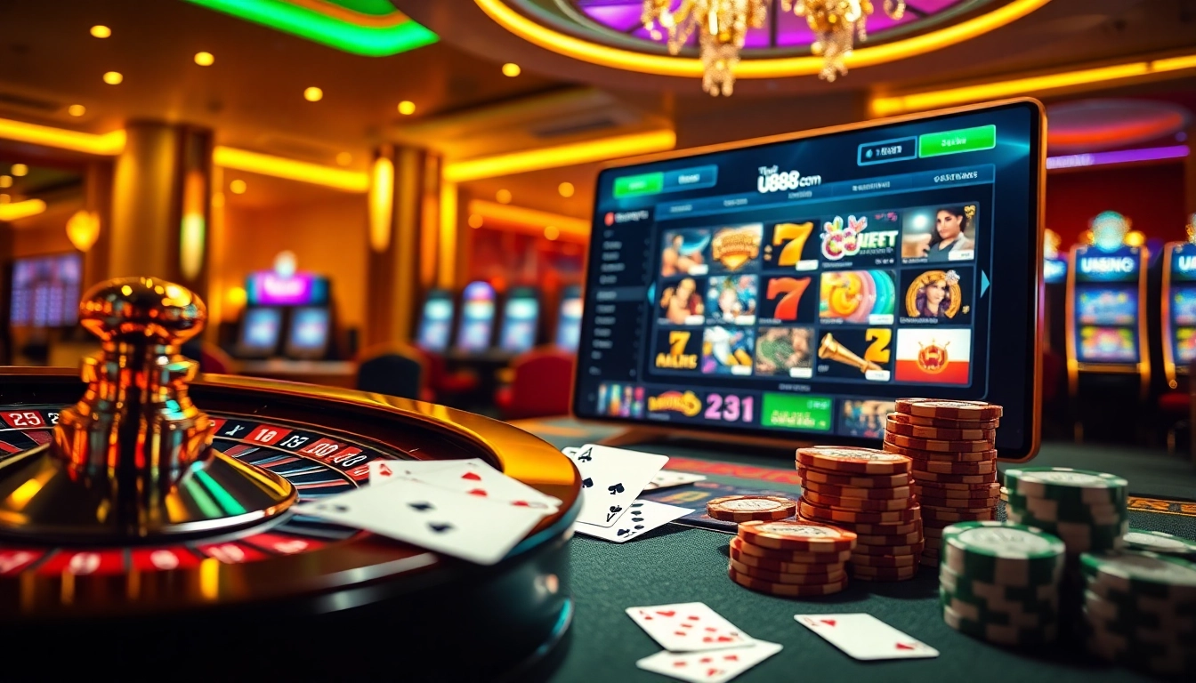 Experience high-stakes gameplay at U888 com with vibrant casino visuals featuring roulette and poker.