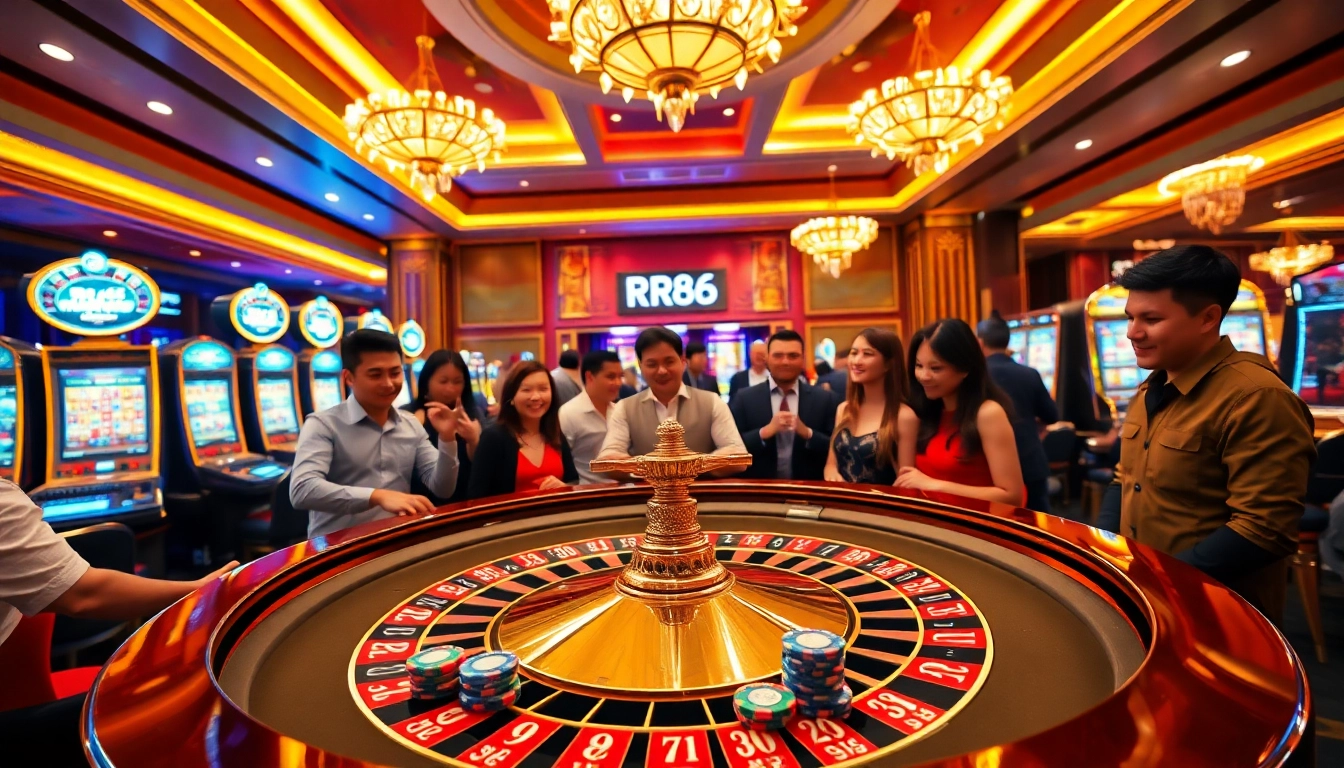 Players enjoying an exciting roulette game at RR88 casino with vibrant slot machines in the background.