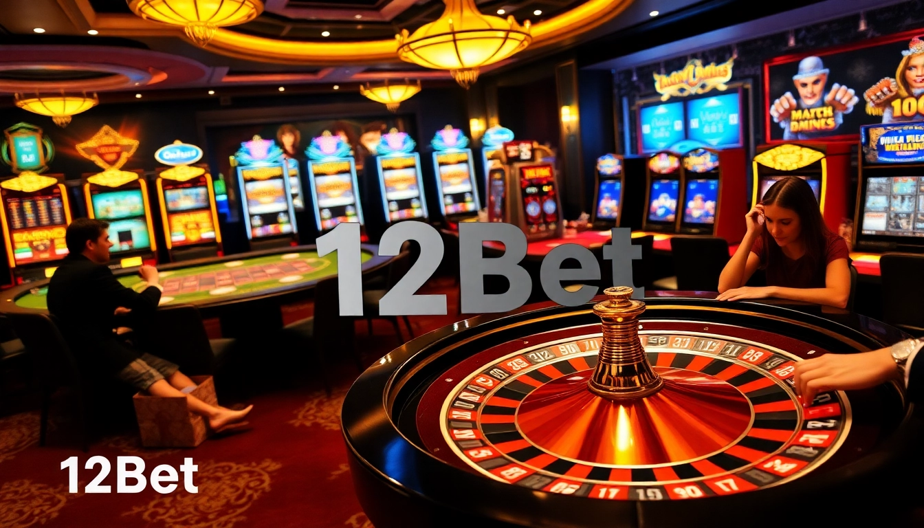 Players enjoying a thrilling poker game at 12Bet's luxurious casino tables with vibrant slot machines.