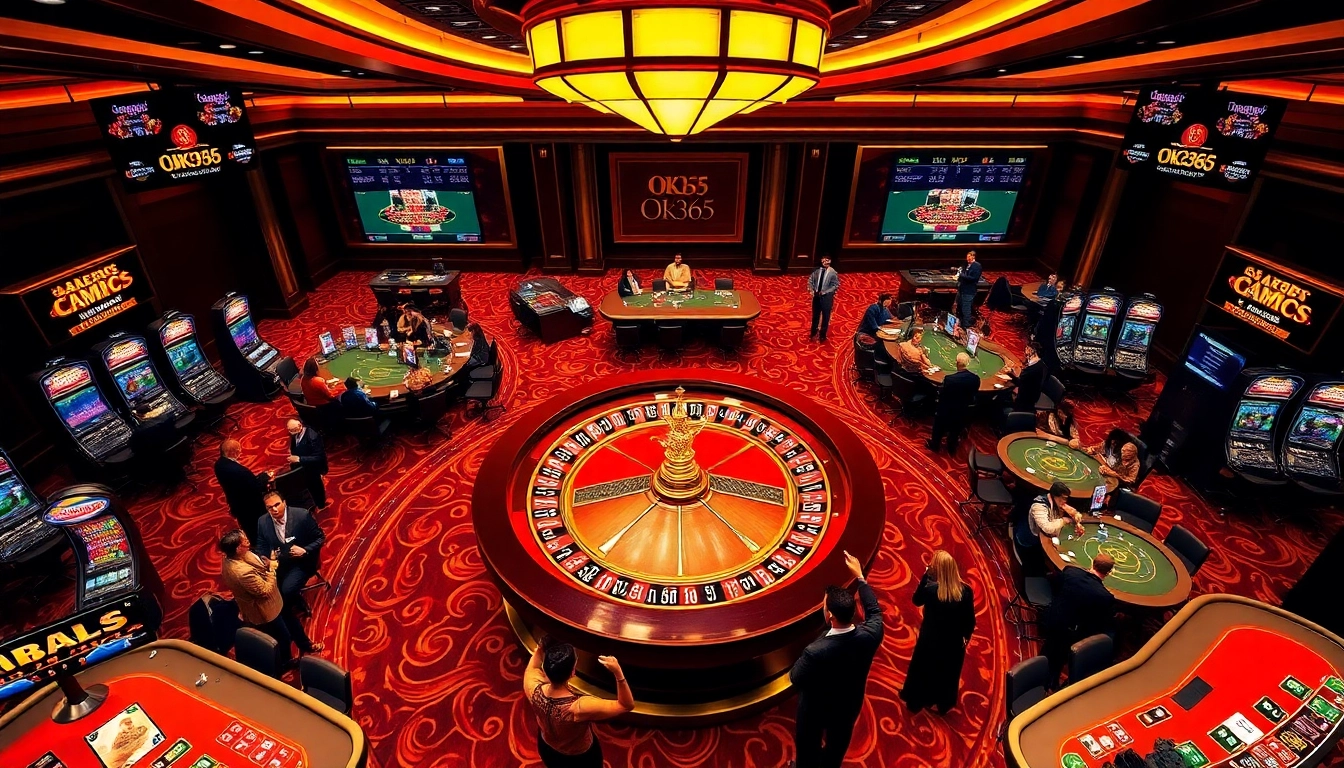 Players enjoying gambling thrills at OK365 casino with roulette and slot machines.