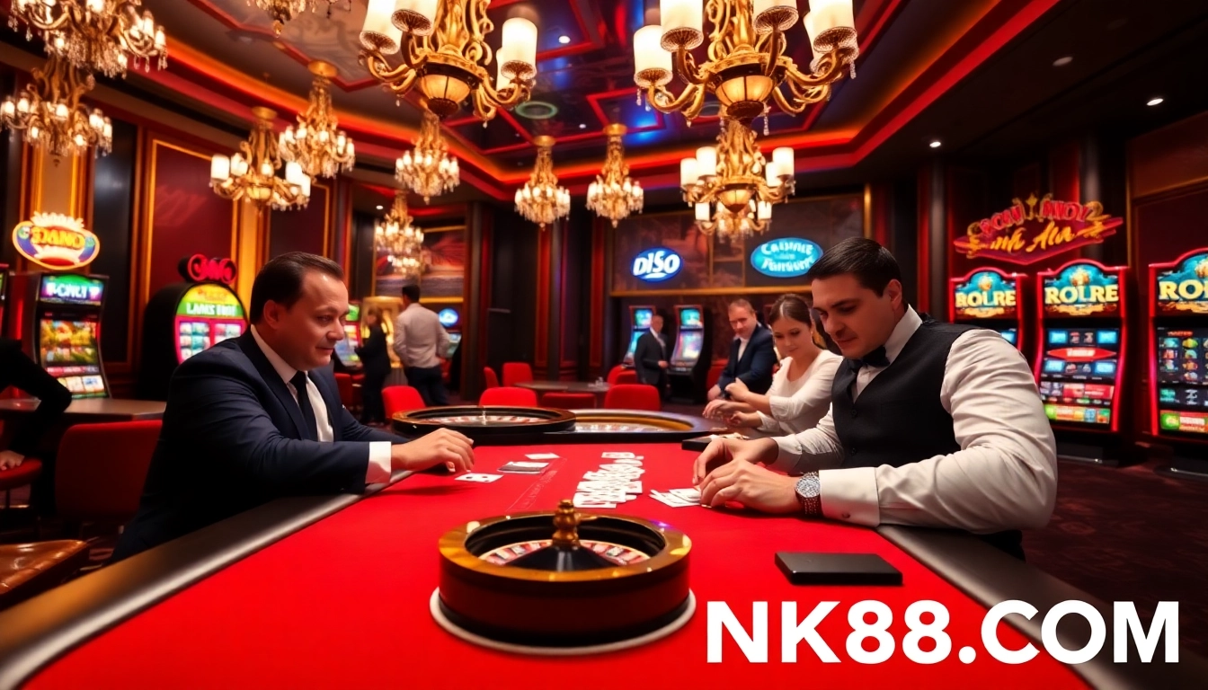 Engaged players enjoying high-stakes poker gameplay at NK88.COM casino, showcasing excitement and luxury.