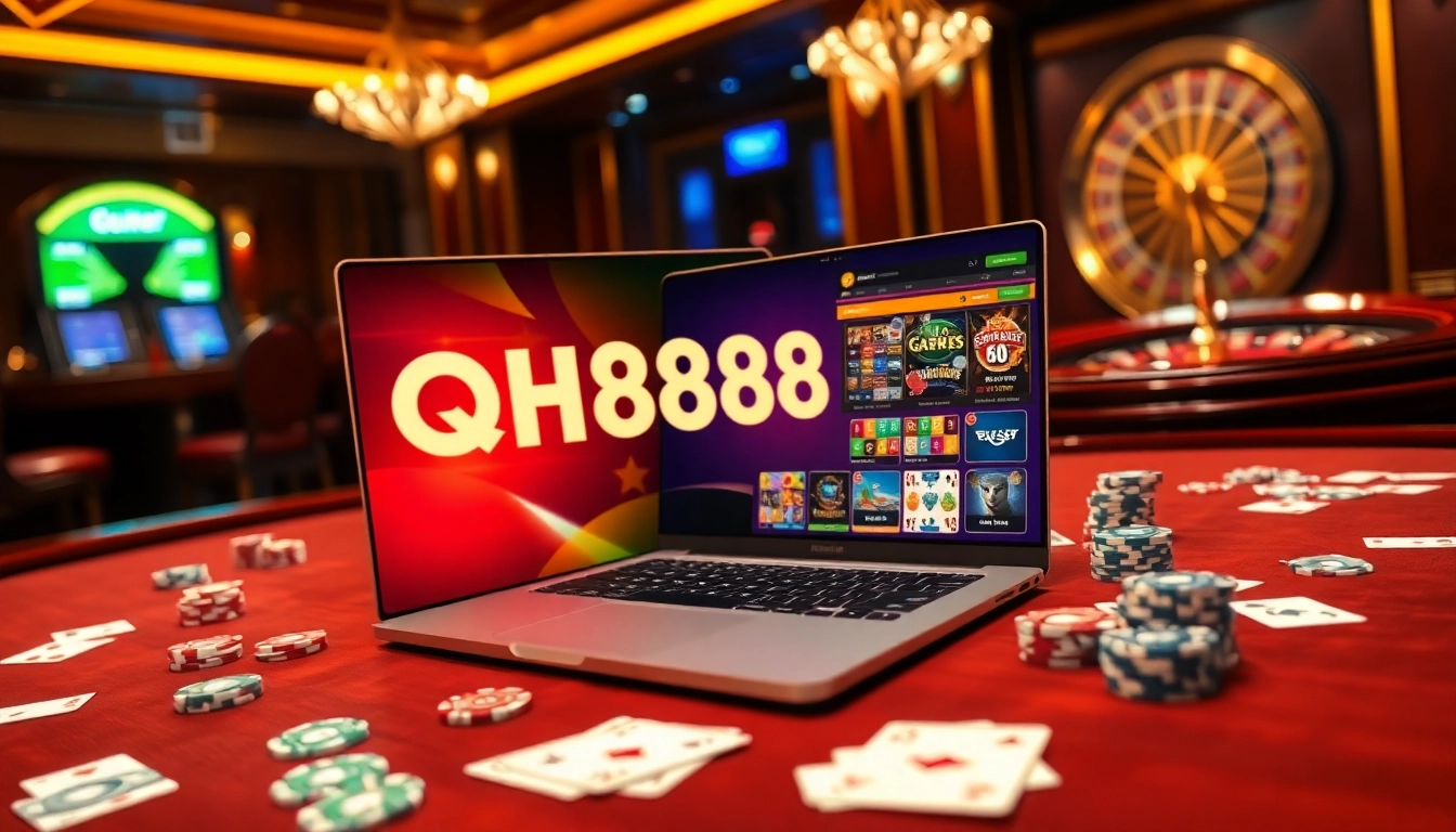 Experience thrilling gameplay with qh88 on a luxurious casino table filled with poker chips and cards.
