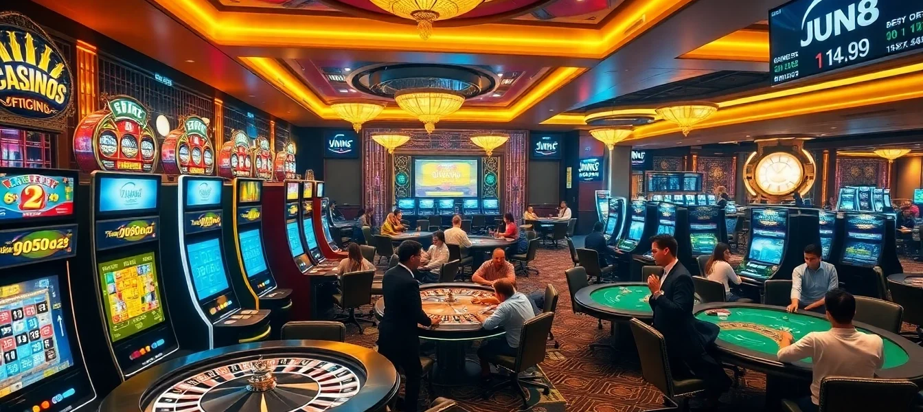 Engaged players enjoying games at Jun88's vibrant casino tables with slots and roulette.