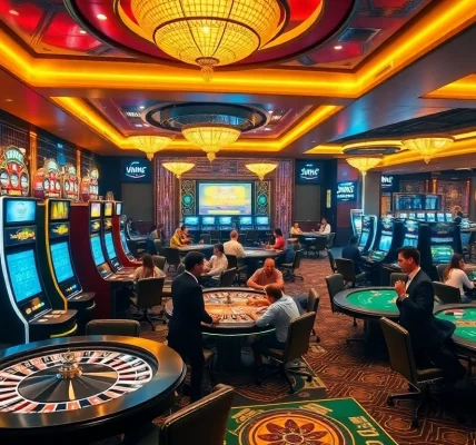 Engaged players enjoying games at Jun88's vibrant casino tables with slots and roulette.