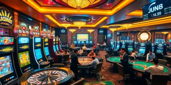 Engaged players enjoying games at Jun88's vibrant casino tables with slots and roulette.