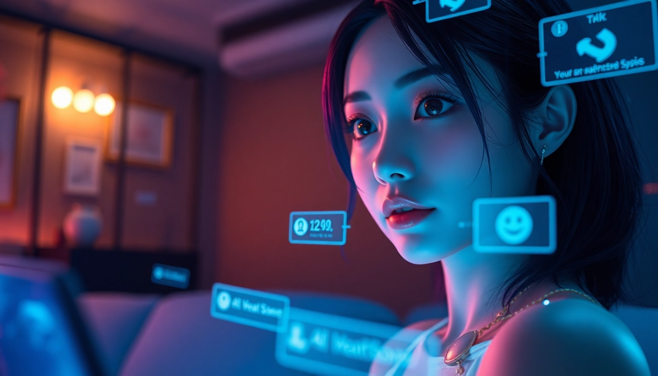 Engaging AI chat nsfw scene with a virtual character in a dimly lit room, highlighting interaction.