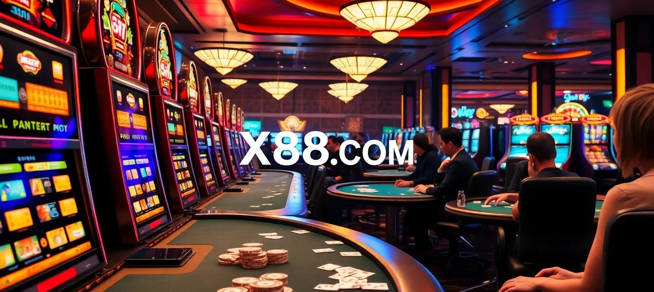 Exciting game atmosphere at X88.COM casino with vibrant slot machines and poker tables.