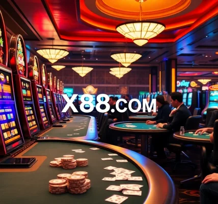 Exciting game atmosphere at X88.COM casino with vibrant slot machines and poker tables.