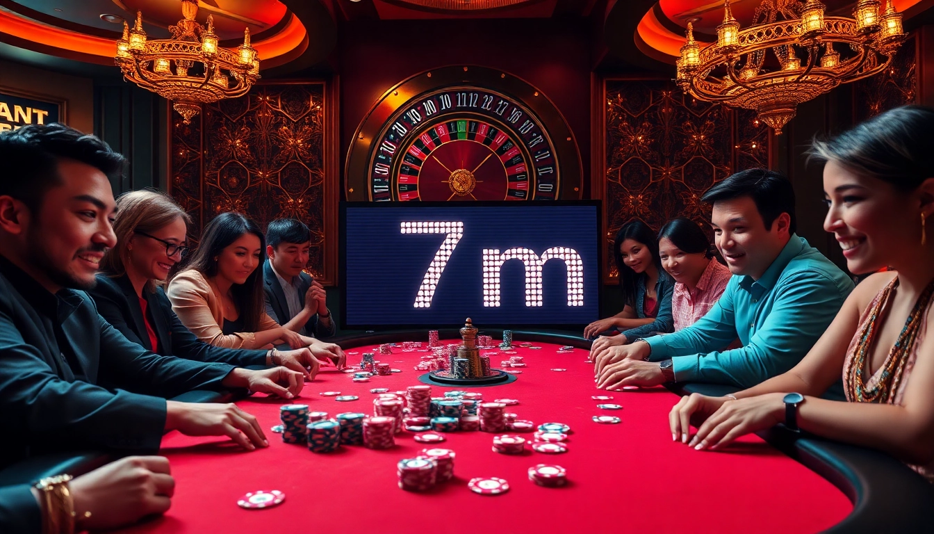 Players engaged in a thrilling poker game at a vibrant casino table, with "7m" highlighted for high stakes.