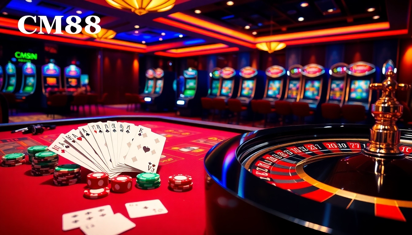 CM88 casino scene showcasing vibrant poker chips and a roulette wheel in an exciting gambling atmosphere.