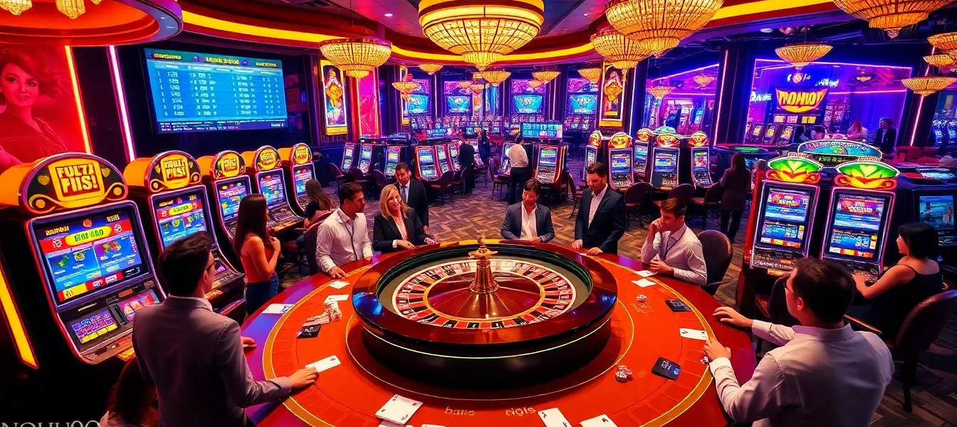Players enjoying their time at NOHU90 casino with roulette and slot machines.