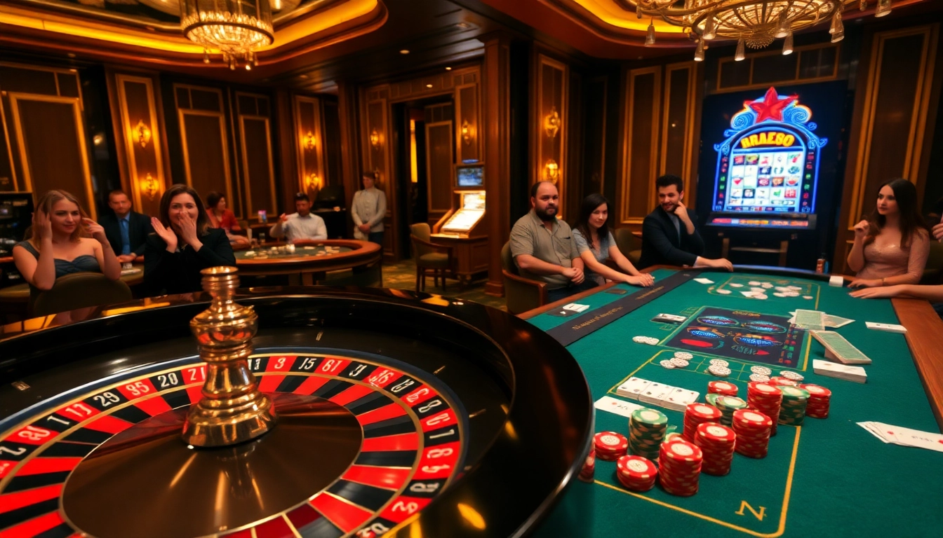 Experience the excitement of RR88 with poker chips and a roulette wheel in a luxurious casino.