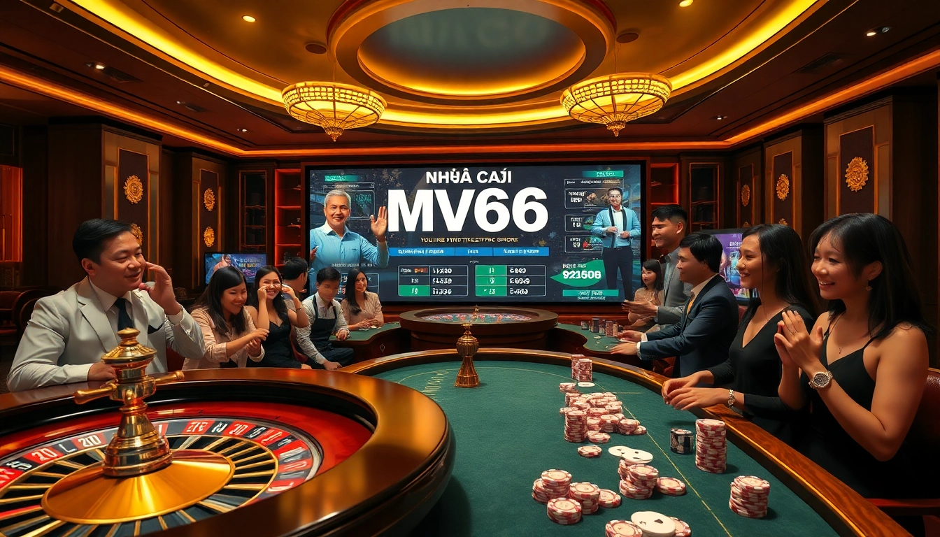 Gamble at Nhà Cái MV66, engaging visually with vibrant casino games and a dealer.